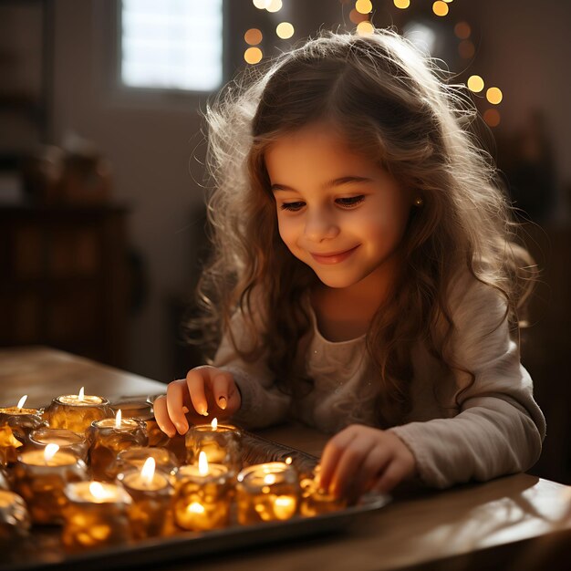 Dia de Hanukkah Comemore o Festival de Luzes Decorações Menorahs Dreidels e Fotos de Família