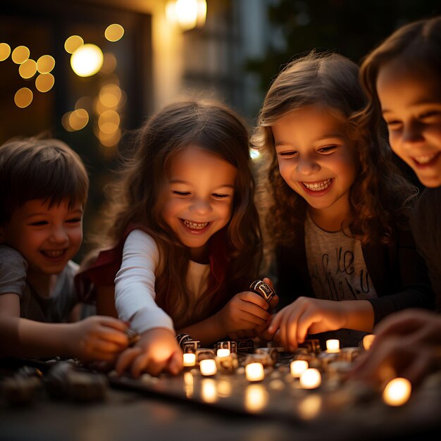 Dia de Hanukkah Comemore o Festival de Luzes Decorações Menorahs Dreidels e Fotos de Família