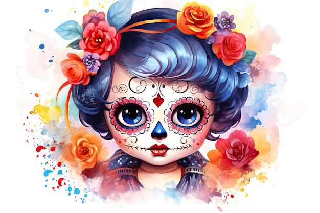 Foto dia de los muertos bonito calavera catrina com maquiagem de crânio de açúcar ilustração de aquarela halloween