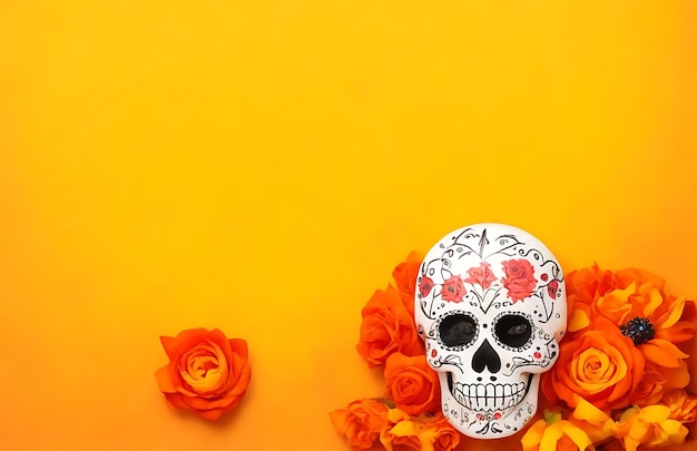 Foto dia de los muertos celebração de halloween com caveira de açúcar e flor de fundo