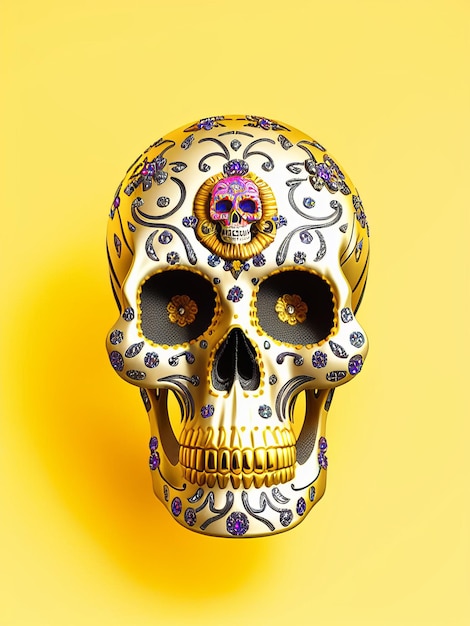 Dia de los muertos crânio de ouro decorado com flores o dia dos mortos ilustração 3d