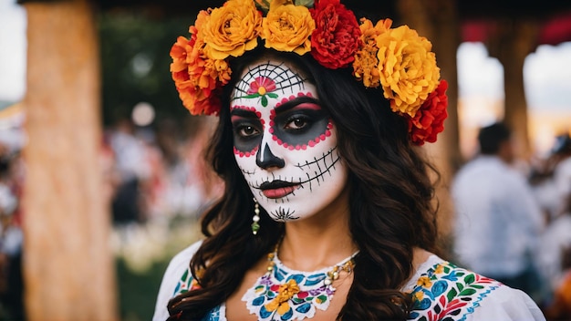 Dia de los muertos Dia da Mulher Morta com maquiagem de caveira de açúcar gerada com IA