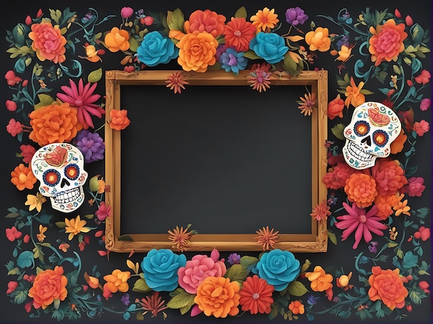 Dia De Los Muertos Dia do quadro morto fundo com caveiras de açúcar e ilustração de flores