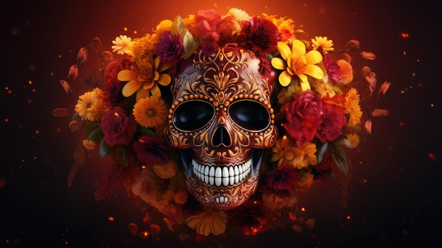 Dia De Los Muertos Digitale Illustration eines festlichen mexikanischen Skeletts mit Ringelblumen