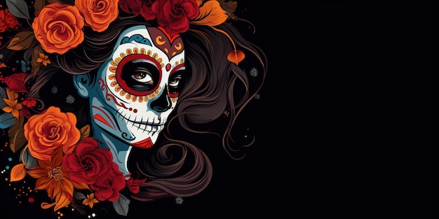 Dia de los muertos maxican máscara menina ilustração dia de muertos no lado do canto em backgro preto