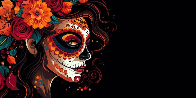 Dia de los muertos Maxican-Maskenmädchenillustration Dia de los Muertos in der Eckseite auf schwarzem Hintergrund