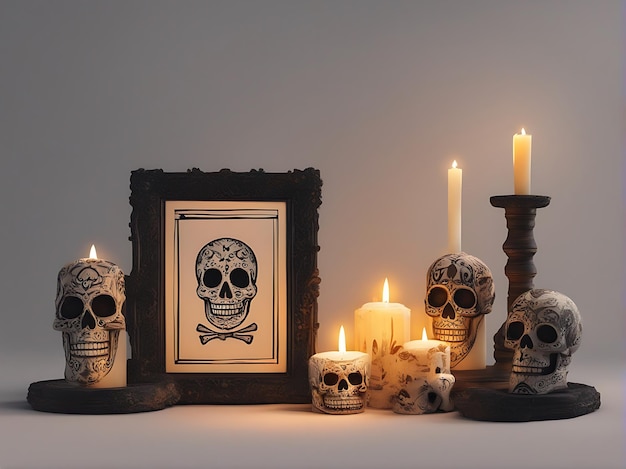 Dia De Los Muertos quadro de fundo com caveiras de açúcar velas e flores ilustração