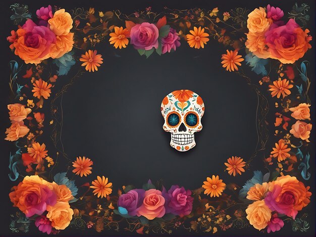 Dia De Los Muertos quadro de fundo com caveiras de açúcar velas e flores ilustração