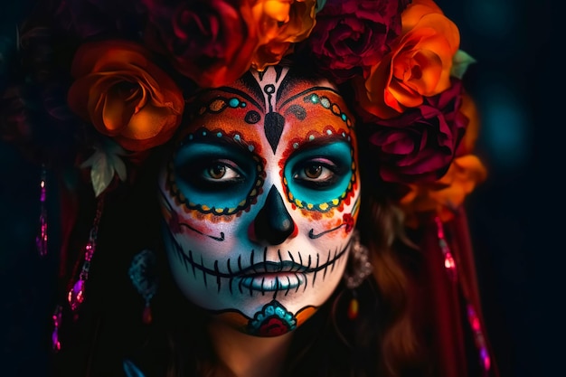 Dia de los muertos retrato de Calavera Catrina Jovem mulher com maquiagem de caveira de açúcar Ilustração generativa de IA