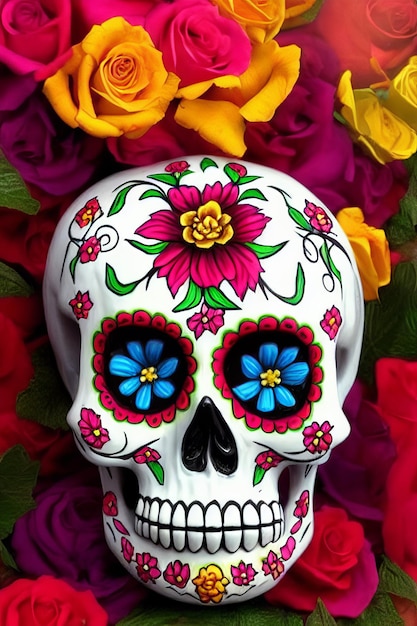 Dia de los muertos tradicional crânio de açúcar calavera decorado com flores no dia da ilustração morta