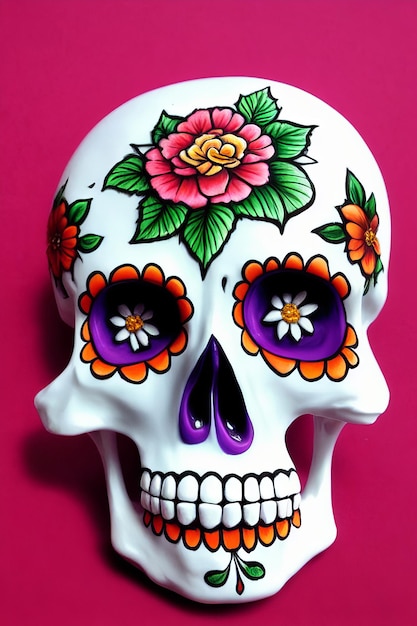 Dia de los muertos tradicional crânio de açúcar calavera decorado com flores no dia da ilustração morta
