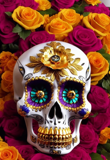 Dia de los muertos traditioneller calavera-zuckerschädel verziert mit blumen am tag der toten illustration