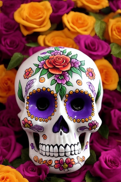 Dia de los muertos traditioneller calavera-zuckerschädel verziert mit blumen am tag der toten illustration