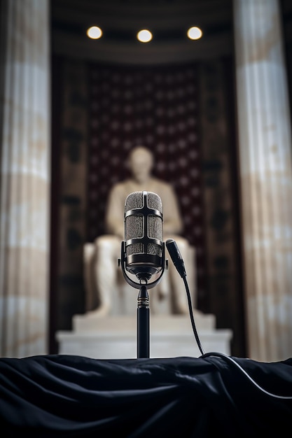 Foto dia de martin luther king, um microfone no centro do palco e um pano de fundo do memorial lincoln