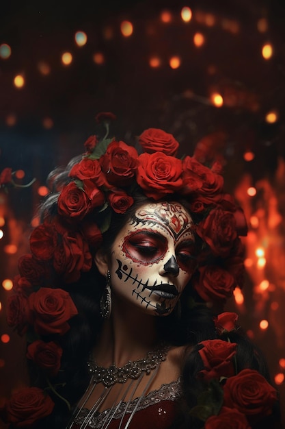 Dia De Muertos Ai generierte einen Hintergrund mit einer schönen Frau im Totenkopf-Make-up