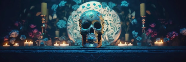 Dia de Muertos-Altar mit Totenkopf vor einem auffälligen blauen Hintergrund Generative KI