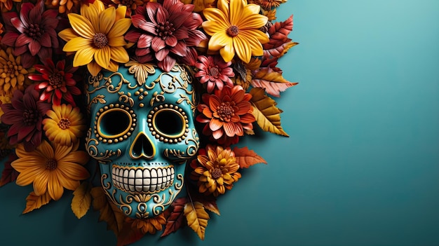 Dia de muertos-Banner-Vorlagenhintergrund mit weiblichem Skelettkopf in Blumen