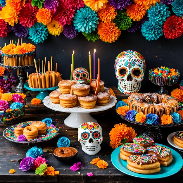 Dia de Muertos Delights Churros flan Zucker Schädel ein Fest für den Süßzahn