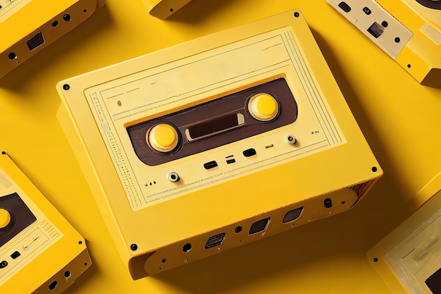 Dia de música de inscrição com cassetes antigas em um fundo amarelo Generative Ai
