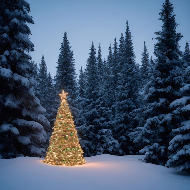 Dia de Natal decorações de árvores de Natal presentes cor de bola de neve fundo de boneco de neve closeup em uma floresta de pinheiros de neve iluminação noturna ilustração arte