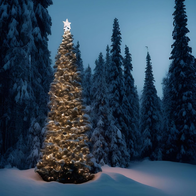 Dia de Natal decorações de árvores de Natal presentes cor de bola de neve fundo de boneco de neve closeup em uma floresta de pinheiros de neve iluminação noturna ilustração arte