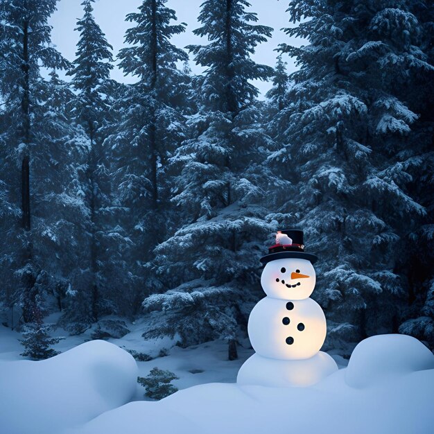 Dia de Natal decorações de árvores de Natal presentes cor de bola de neve fundo de boneco de neve closeup em uma floresta de pinheiros de neve iluminação noturna ilustração arte