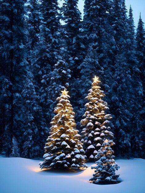 Foto dia de natal decorações de árvores de natal presentes cor de bola de neve fundo de boneco de neve closeup em uma floresta de pinheiros de neve iluminação noturna ilustração arte