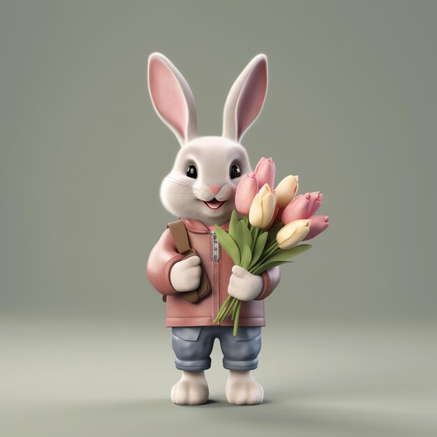 Foto dia de páscoa com desenho animado bonito coelho feliz segurando ovo colorido ou buquê rindo decoração de páscoa