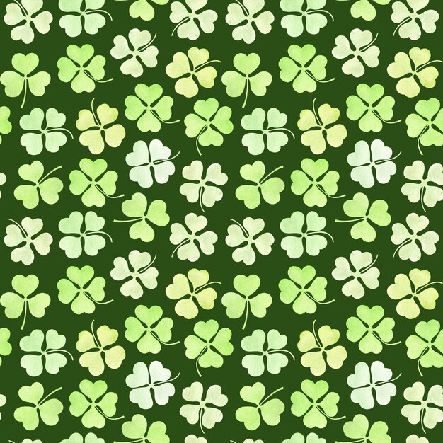 Dia de São Patrício aquarela desenhada à mão padrão sem costura com trevo em fundo verde escuro Shamrock fundo interminável para feriado irlandês boa sorte você é sortudo trevo de quatro folhas três folhas