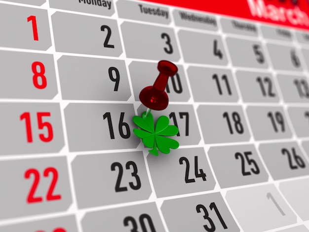 Dia de são patrício. calendário para março. ilustração 3d isolada