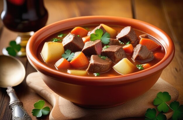 Dia de São Patrício cozinha nacional irlandesa bolos tradicionais irlandeses carne assada com batatas cenouras legumes e ervas guisado com carne bovina bela porção