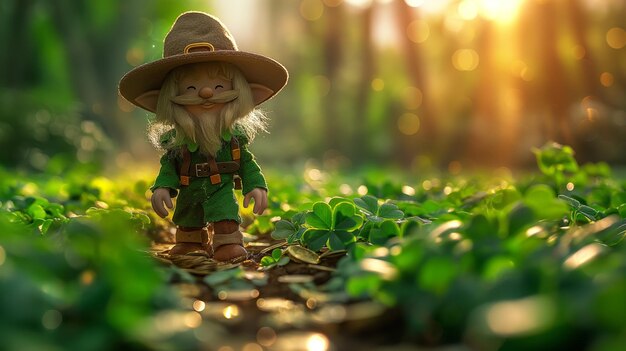 Foto dia de são patrício leprechaun em uma floresta com trevo e ouro