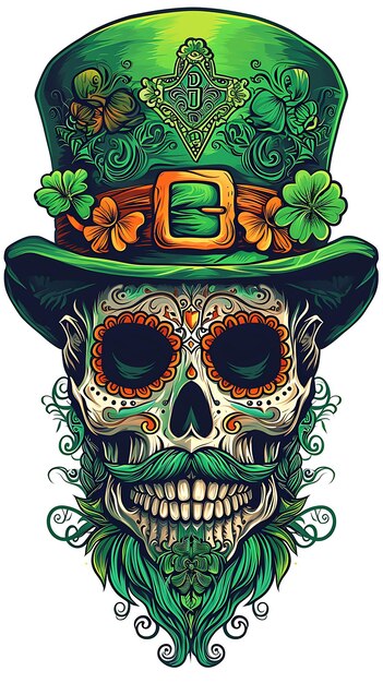 Dia de São Patrício Leprechaun Irish Sugar Skull Skull irlandês com trevo Skull grunge design vintage