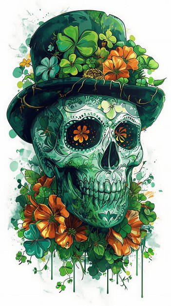 Foto dia de são patrício leprechaun irish sugar skull skull irlandês com trevo skull grunge design vintage