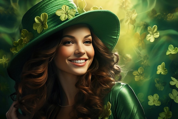 Dia de São Patrício Retrato de uma bela jovem vestindo um chapéu de duende