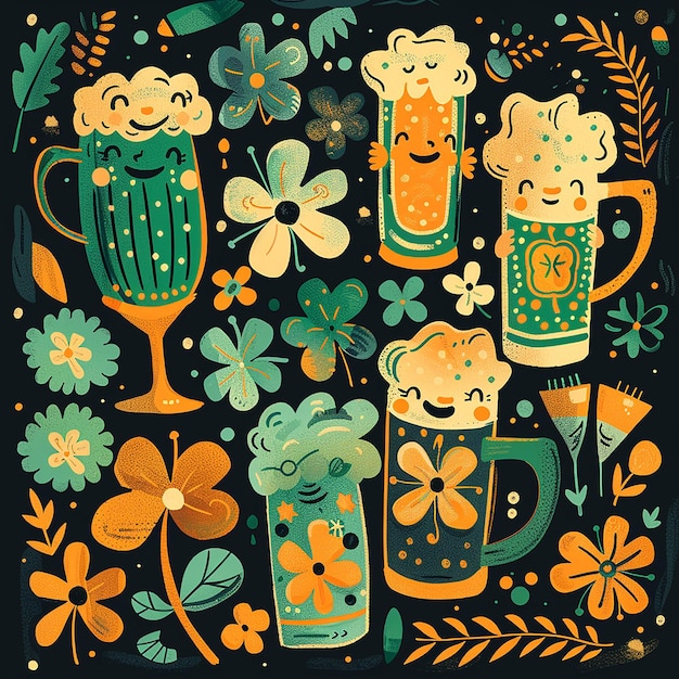Dia de São Patrício Shamrock e cerveja com ilustrações de fundo verde