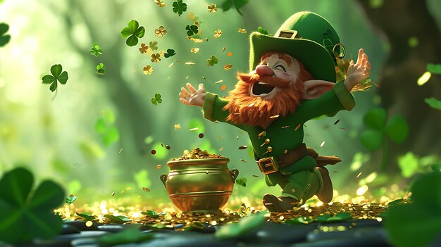 Dia de São Patrício Trevo verde Leprechaun bebendo em um pote de ouro de pub