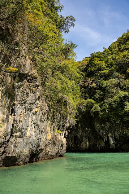 Dia de sol na natureza selvagem, rochas verdes perto da água