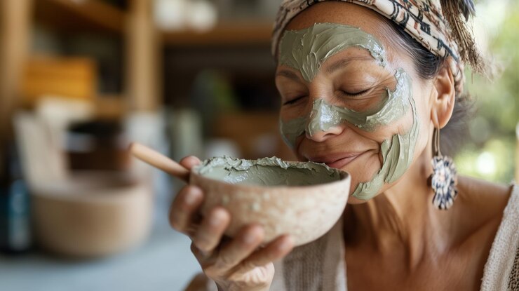 Foto dia de spa relaxante com uma mulher desfrutando de uma máscara de barro enquanto está cercada por um ambiente doméstico tranquilo