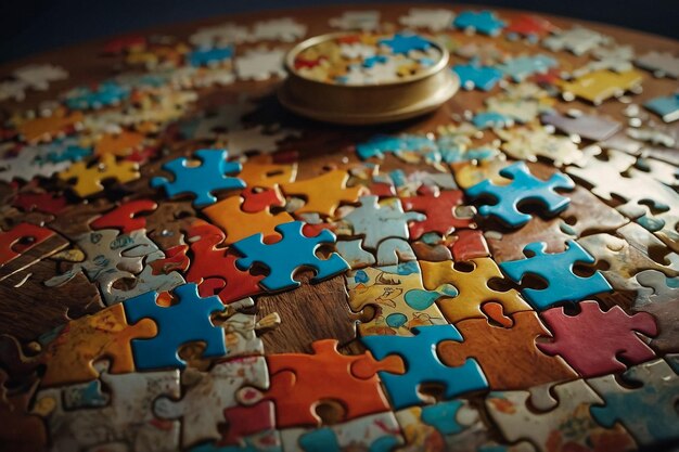 Foto dia do autismo criança escolhendo uma peça do quebra-cabeça