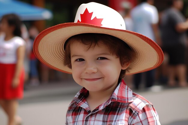 Dia do Canadá Um menino com um chapéu branco com uma folha de bordo