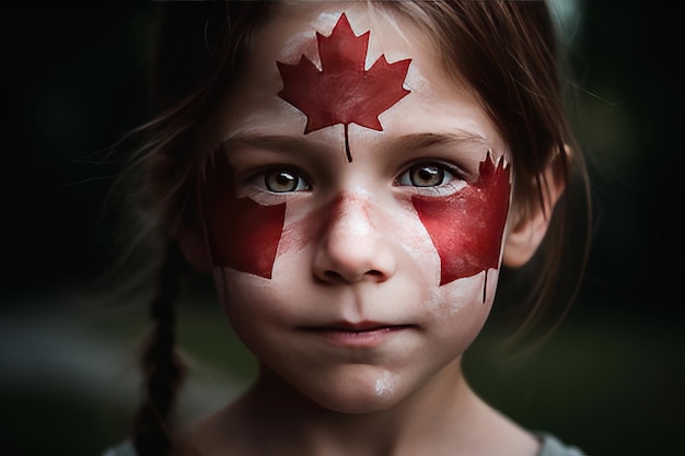 Dia do Canadá Uma garota com uma pintura facial de folha de ácer canadense