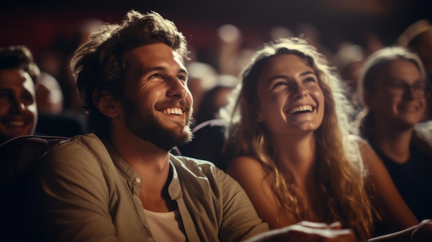 Dia do cinema Um jovem casal feliz a ver uma comédia no cinema a sorrir