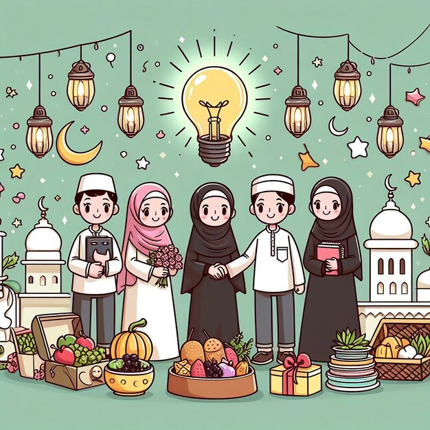 Dia do Eid al-Fitr com o povo muçulmano tradicional Ilustração ai generaed