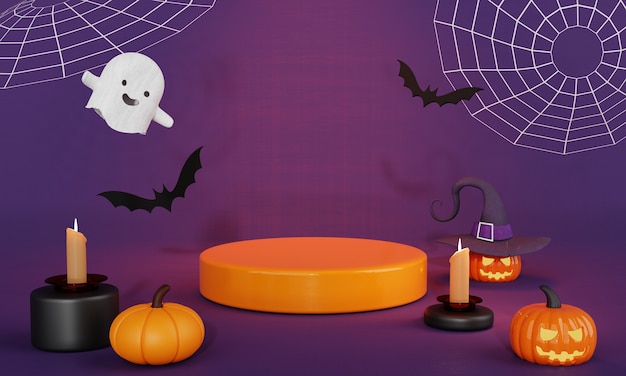 Dia do Halloween laranja preto com uma adorável abóbora fantasma e palco de pódio de produtos de morcegos