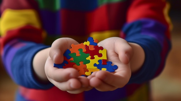 Dia do Orgulho Autista Uma criança segurando um quebra-cabeça colorido na mão Generative AI