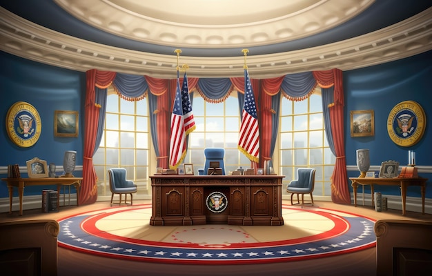 Dia do Presidente O escritório executivo do Presidente dos Estados Unidos na Casa Branca Conceito com a bandeira nacional dos Estados Unidos