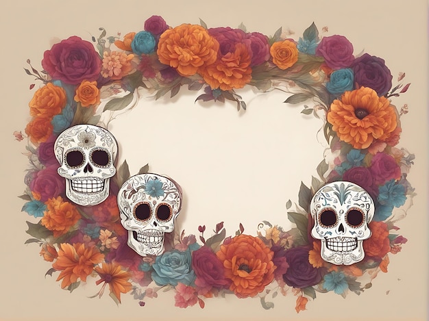 Dia do quadro morto fundo com crânios de açúcar e flores Ilustração vetorial