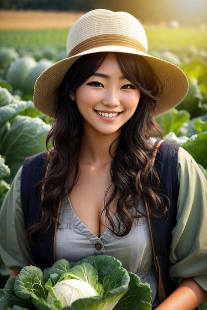 Dia do Sorriso Gorgeous Asian Girl na Fazenda sorrindo no dia do pôr-do-sol cinematográfico