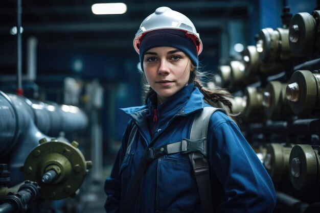 Foto dia do trabalho mulher engenheira trabalhadora em um sistema de aquecimento de fábrica e ar condicionado